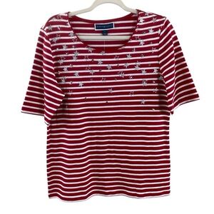 Karen Scott Red‎ and White Striped w/Small Metal Stars Short Sleeve Tee Sz L